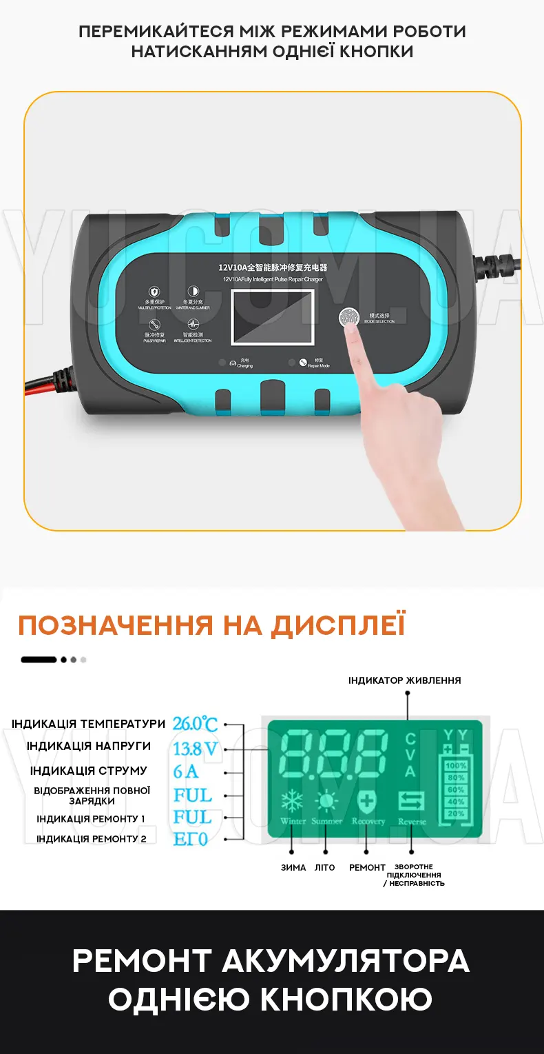 Зарядний пристрій для акумуляторів з функцією ремонту 12V/24V 10A/3 Зарядний пристрій для акумуляторів з функцією ремонту 12V/24V 10A/3